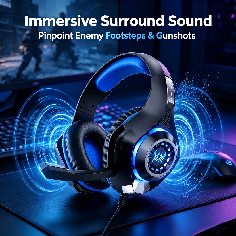 Gaming Headset With Mic Rgb - Słuchawki gamingowe LED z mikrofonem, RGB,
